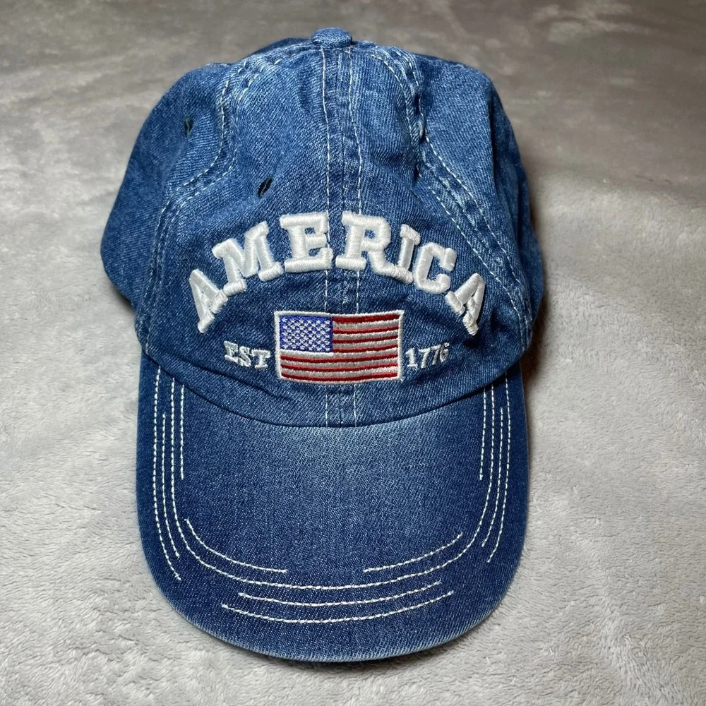 America #1 Fan Est 1776 USA‎ Flag Denim Baseball Hat Blue Adjustable OSFM Cap